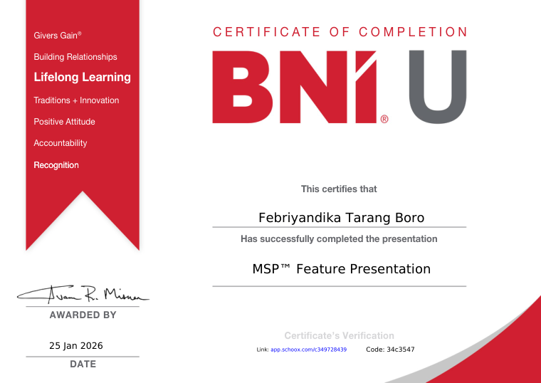 Certificate of completion awarded to Febriyandika Tarang Boro for MSP™ Feature Presentation