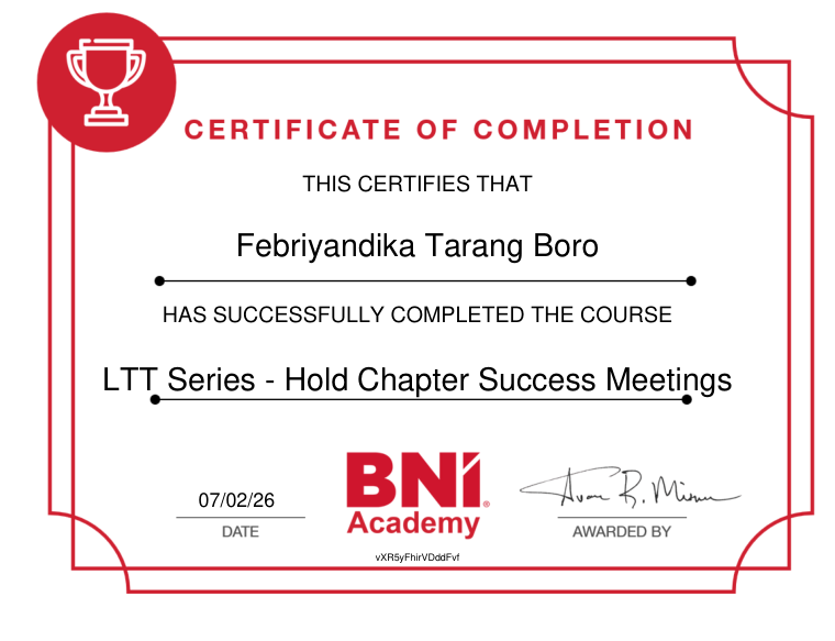 Certificate of completion awarded to Febriyandika Tarang Boro for LTT Series - Hold Chapter Success Meetings