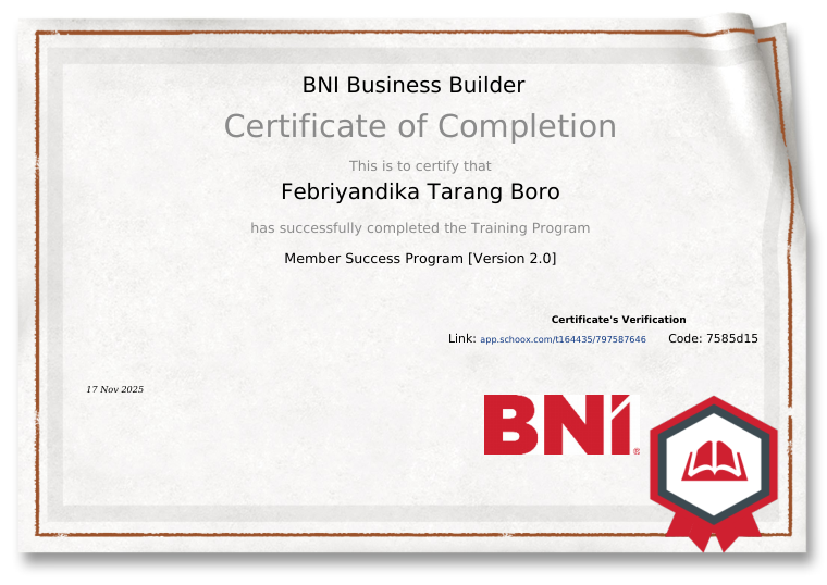 Certificate of completion awarded to Febriyandika Tarang Boro for Member Success Program [Version 2.0]