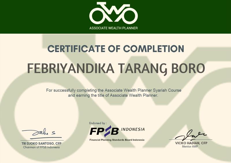 Associate Wealth Planner (AWP) certificate awarded to Febriyandika Tarang Boro