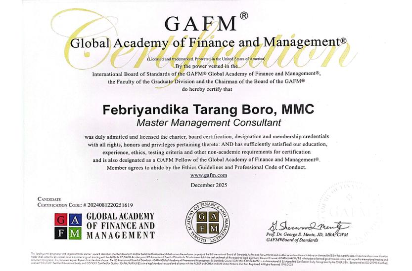 Master Management Consultant (MMC) certificate awarded to Febriyandika Tarang Boro