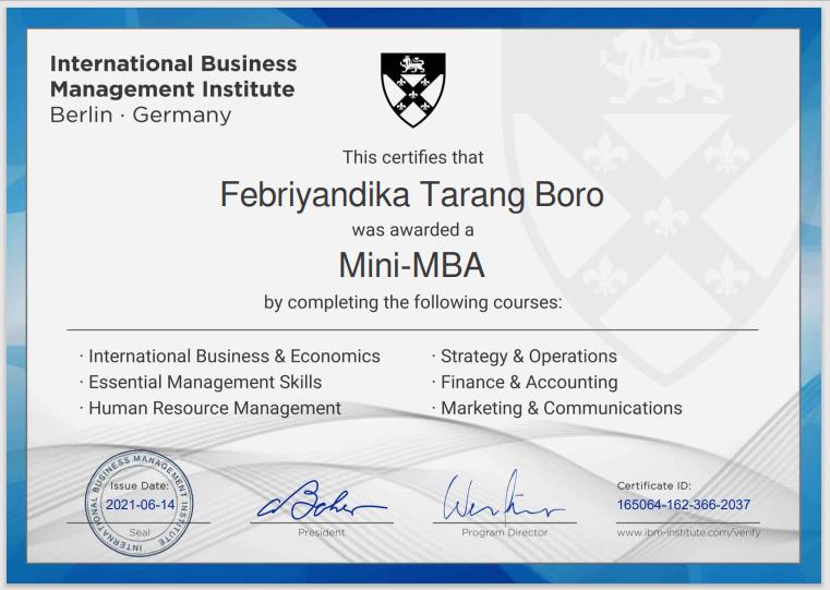 Mini-MBA certificate awarded to Febriyandika Tarang Boro