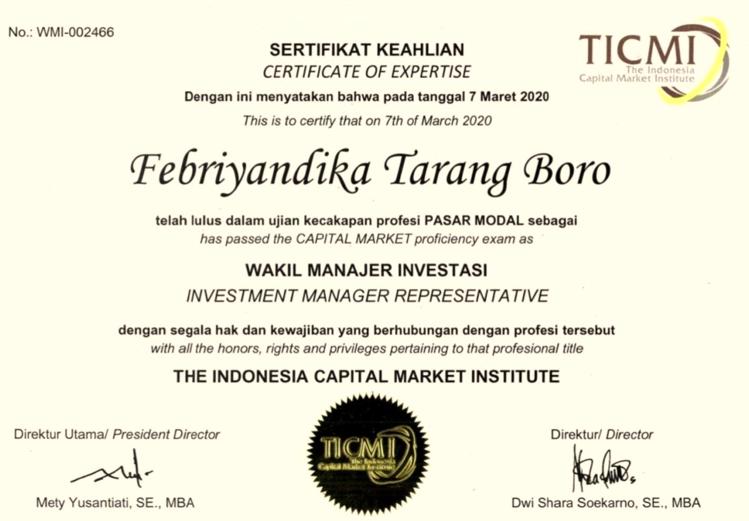Wakil Manajer Investasi (WMI) certificate awarded to Febriyandika Tarang Boro